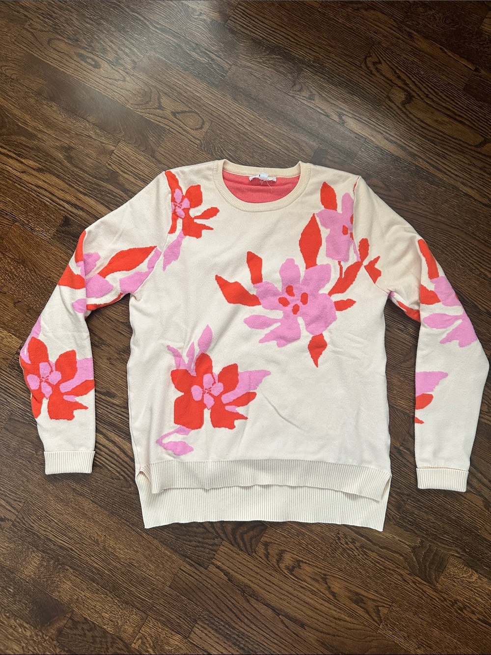 THML Floral Knit Sweater Cream Pink Red Crewneck Size S
